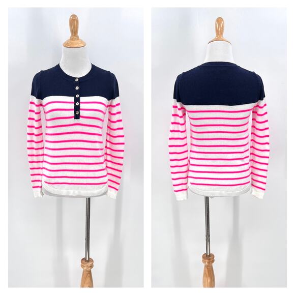 LILLY PULITZER Adair Sweater Womens XS Striped White Neon Pink Navy Half Button - Picture 1 of 13